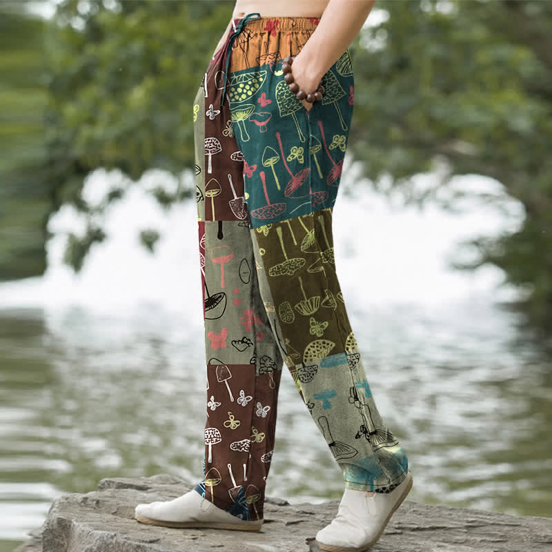 Buddha Stones Pantalon fuselé pour homme en coton à motif botanique de champignons, avec poches - image 1