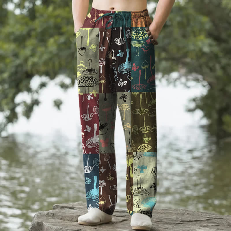 Buddha Stones Pantalon fuselé pour homme en coton à motif botanique de champignons, avec poches - Vert foncé - US/UK/AU50，EU60 (5XL) - image 0