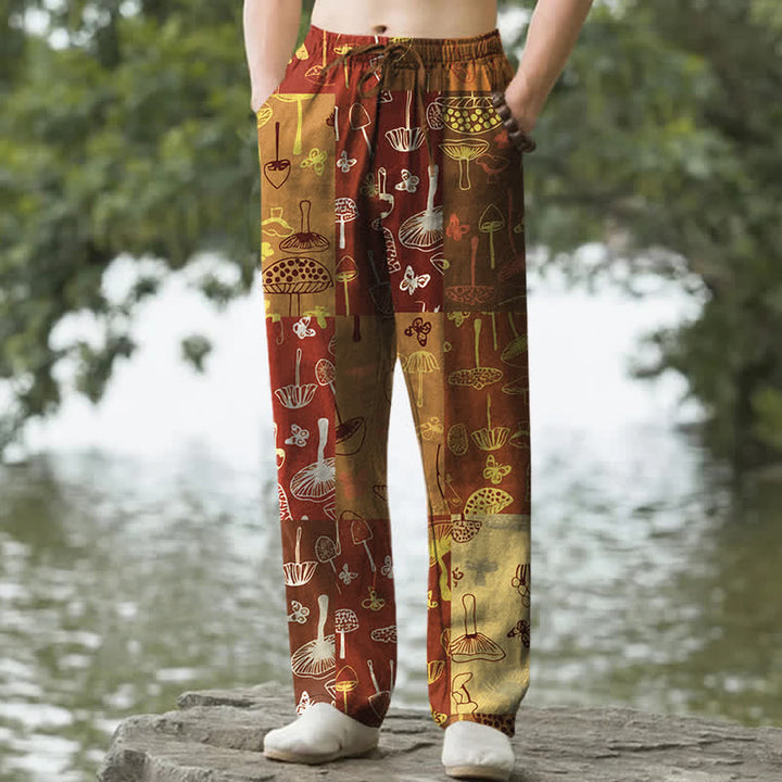 Buddha Stones Pantalon fuselé pour homme en coton à motif botanique de champignons, avec poches - Terre de sienne - US/UK/AU50，EU60 (5XL) - image 4