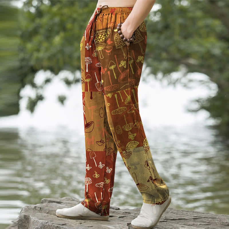 Buddha Stones Pantalon fuselé pour homme en coton à motif botanique de champignons, avec poches - image 5