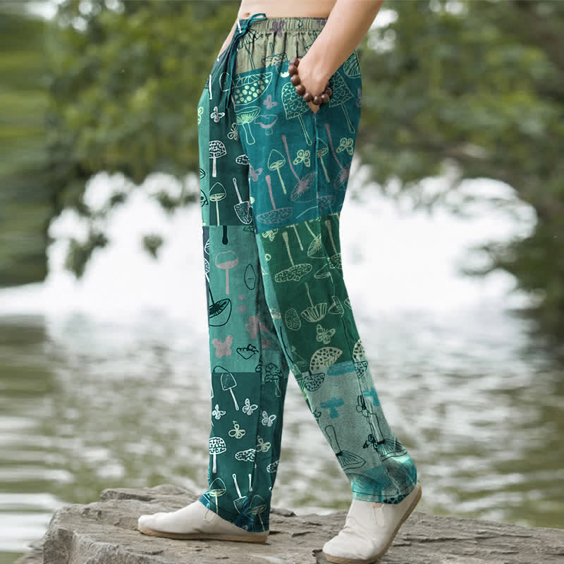 Buddha Stones Pantalon fuselé pour homme en coton à motif botanique de champignons, avec poches - image 7
