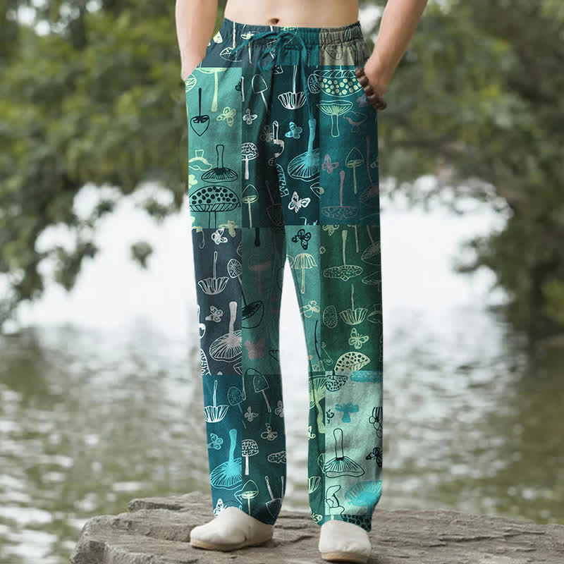 Buddha Stones Pantalon fuselé pour homme en coton à motif botanique de champignons, avec poches - Sarcelle - US/UK/AU50，EU60 (5XL) - image 6