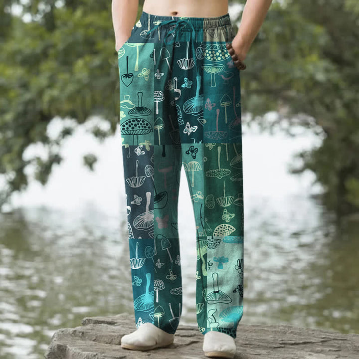 Buddha Stones Pantalon fuselé pour homme en coton à motif botanique de champignons, avec poches - Sarcelle - US/UK/AU50，EU60 (5XL) - image 6
