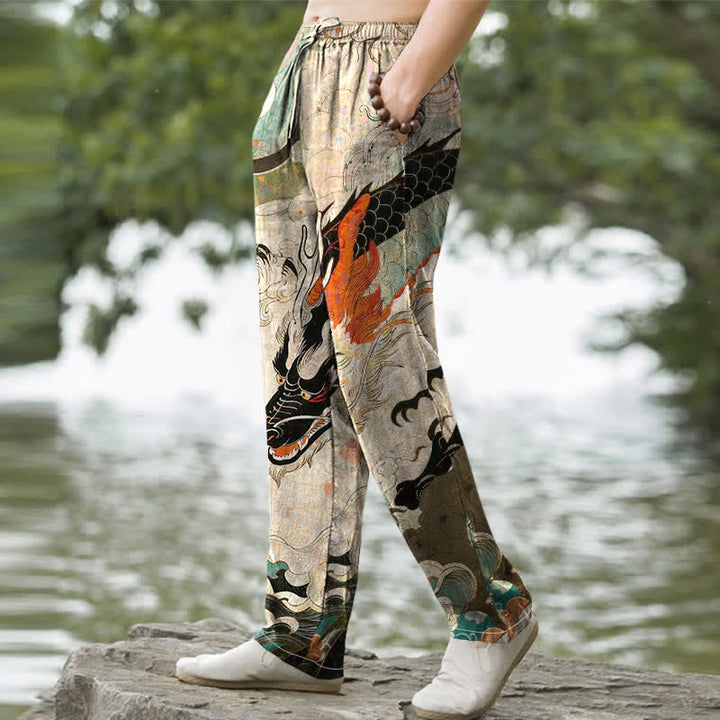 Buddha Stones Pantalon fuselé pour homme en coton à motif de vagues de dragon oriental avec poches - image 1