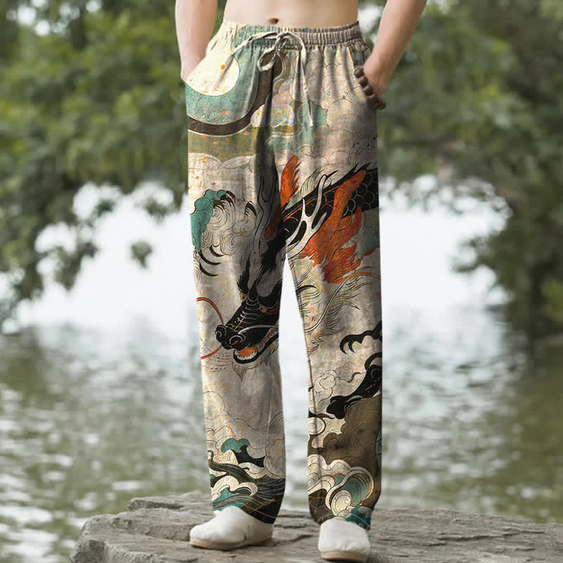 Buddha Stones Pantalon fuselé pour homme en coton à motif de vagues de dragon oriental avec poches - Beige - US/UK/AU50，EU60 (5XL) - image 0