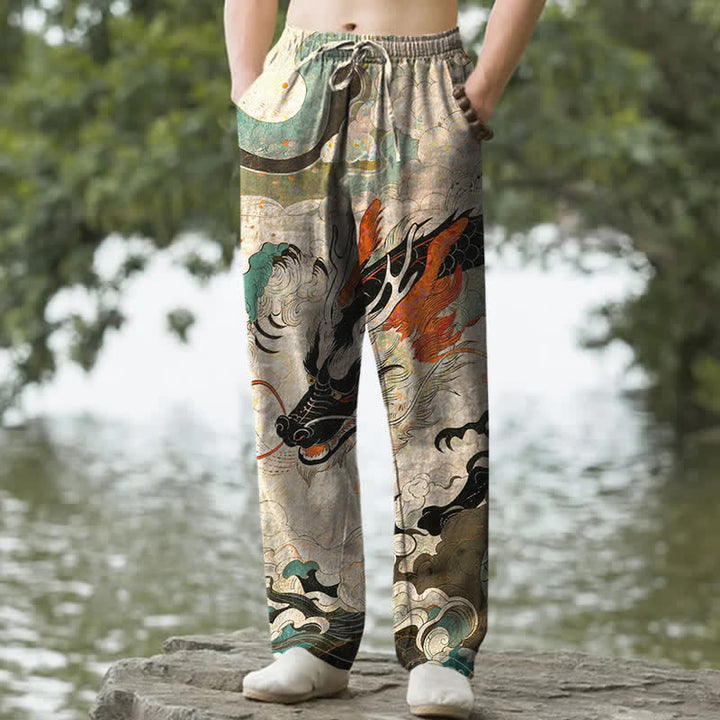 Buddha Stones Pantalon fuselé pour homme en coton à motif de vagues de dragon oriental avec poches - Beige - US/UK/AU50，EU60 (5XL) - image 0