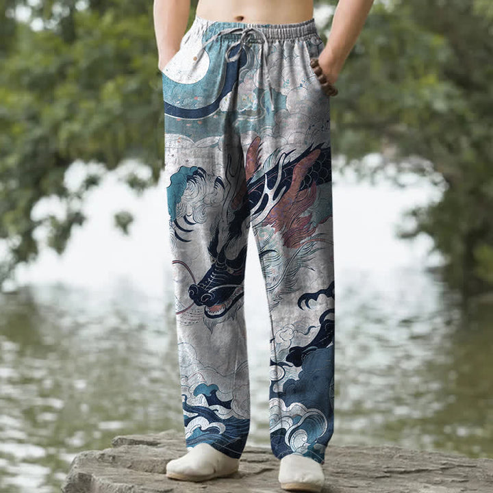 Buddha Stones Pantalon fuselé pour homme en coton à motif de vagues de dragon oriental avec poches - Gris clair - US/UK/AU50，EU60 (5XL) - image 4