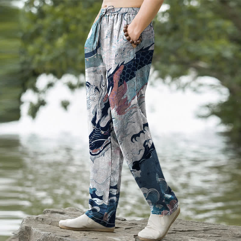 Buddha Stones Pantalon fuselé pour homme en coton à motif de vagues de dragon oriental avec poches - image 5