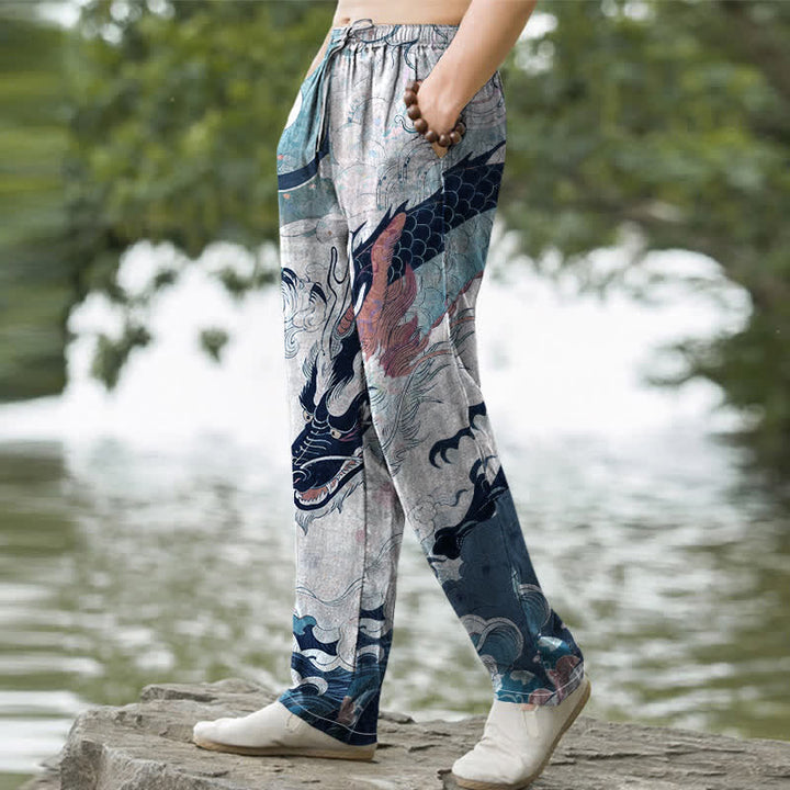 Buddha Stones Pantalon fuselé pour homme en coton à motif de vagues de dragon oriental avec poches - image 5