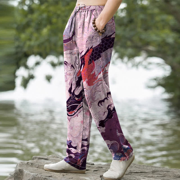 Buddha Stones Pantalon fuselé pour homme en coton à motif de vagues de dragon oriental avec poches - image 7