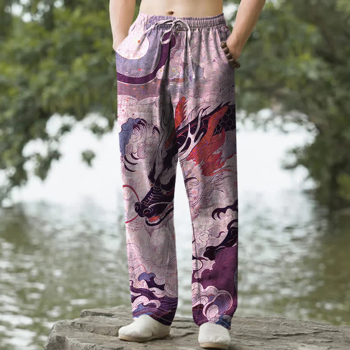 Buddha Stones Pantalon fuselé pour homme en coton à motif de vagues de dragon oriental avec poches - Prune - US/UK/AU50，EU60 (5XL) - image 6