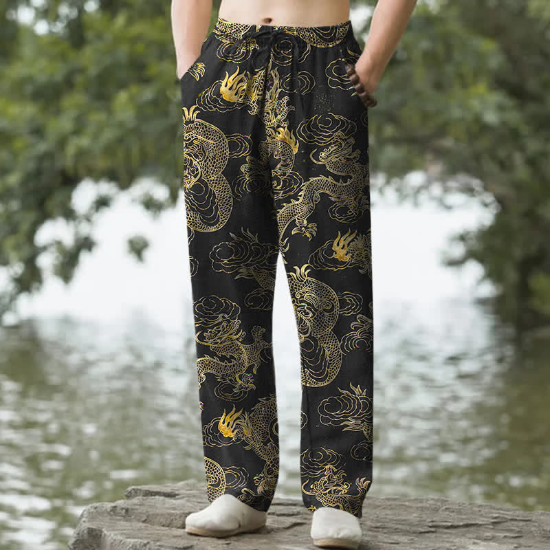 Buddha Stones Pantalon fuselé pour homme en coton à motif nuage de dragon doré avec poches - Noir - US/UK/AU50，EU60 (5XL) - image 0