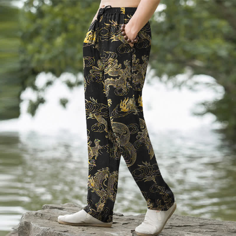 Buddha Stones Pantalon fuselé pour homme en coton à motif nuage de dragon doré avec poches - image 1