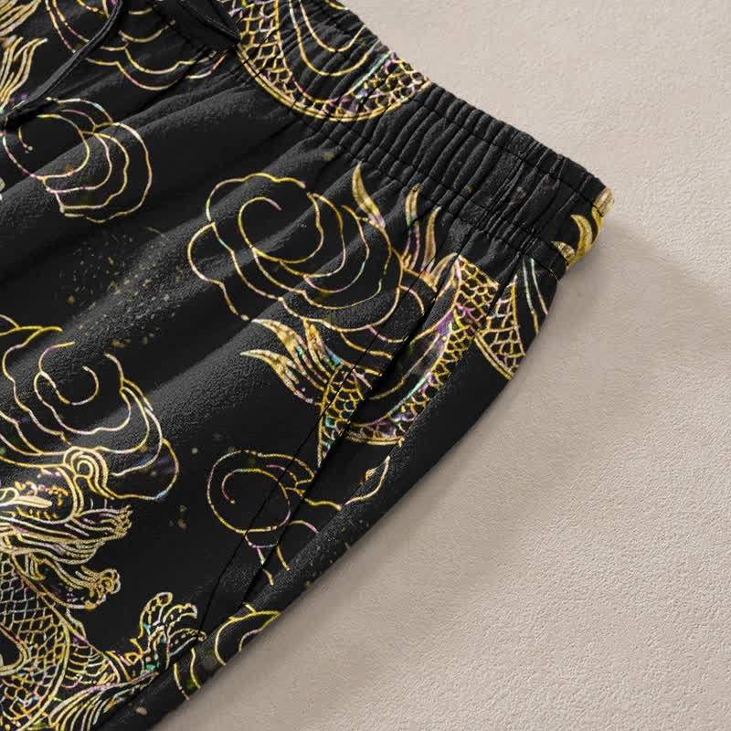 Buddha Stones Pantalon fuselé pour homme en coton à motif nuage de dragon doré avec poches - image 3