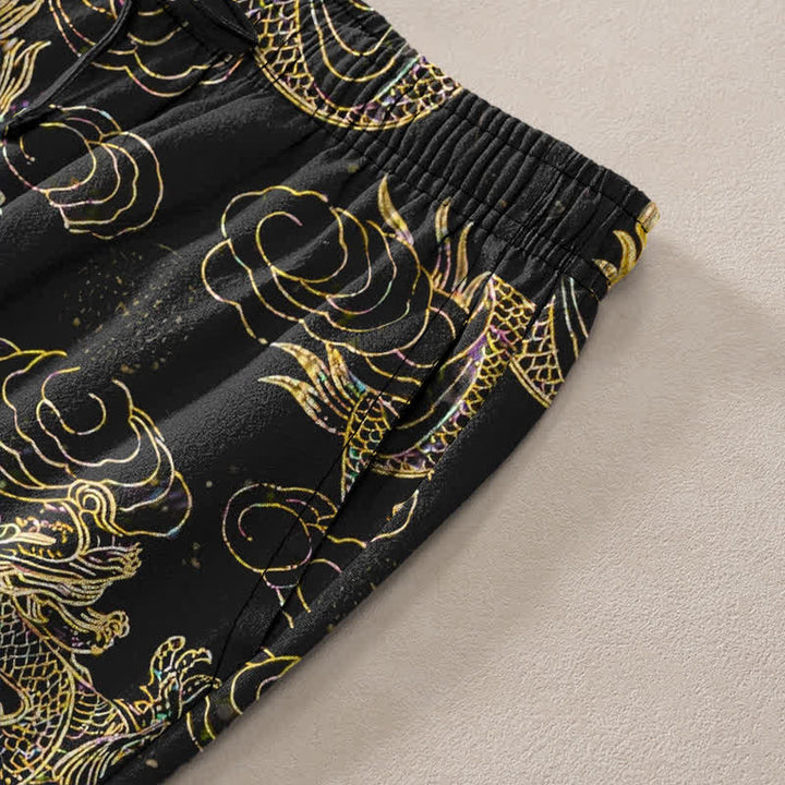 Buddha Stones Pantalon fuselé pour homme en coton à motif nuage de dragon doré avec poches - image 3