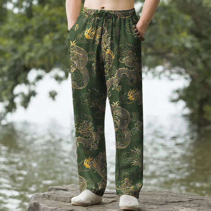 Buddha Stones Pantalon fuselé pour homme en coton à motif nuage de dragon doré avec poches - Vert forêt - US/UK/AU50，EU60 (5XL) - image 4
