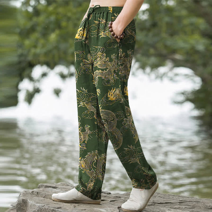 Buddha Stones Pantalon fuselé pour homme en coton à motif nuage de dragon doré avec poches - image 5