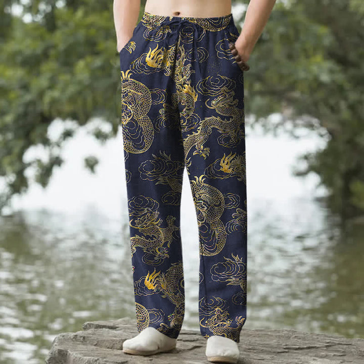 Buddha Stones Pantalon fuselé pour homme en coton à motif nuage de dragon doré avec poches - Marine - US/UK/AU50，EU60 (5XL) - image 6