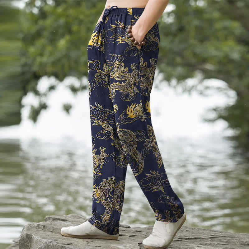 Buddha Stones Pantalon fuselé pour homme en coton à motif nuage de dragon doré avec poches - image 7
