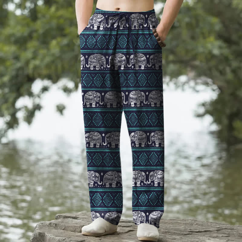Buddha Stones Pantalon fuselé pour homme en coton à rayures géométriques et éléphants, avec poches - Marine - US/UK/AU50，EU60 (5XL) - image 0