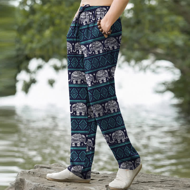 Buddha Stones Pantalon fuselé pour homme en coton à rayures géométriques et éléphants, avec poches - image 1
