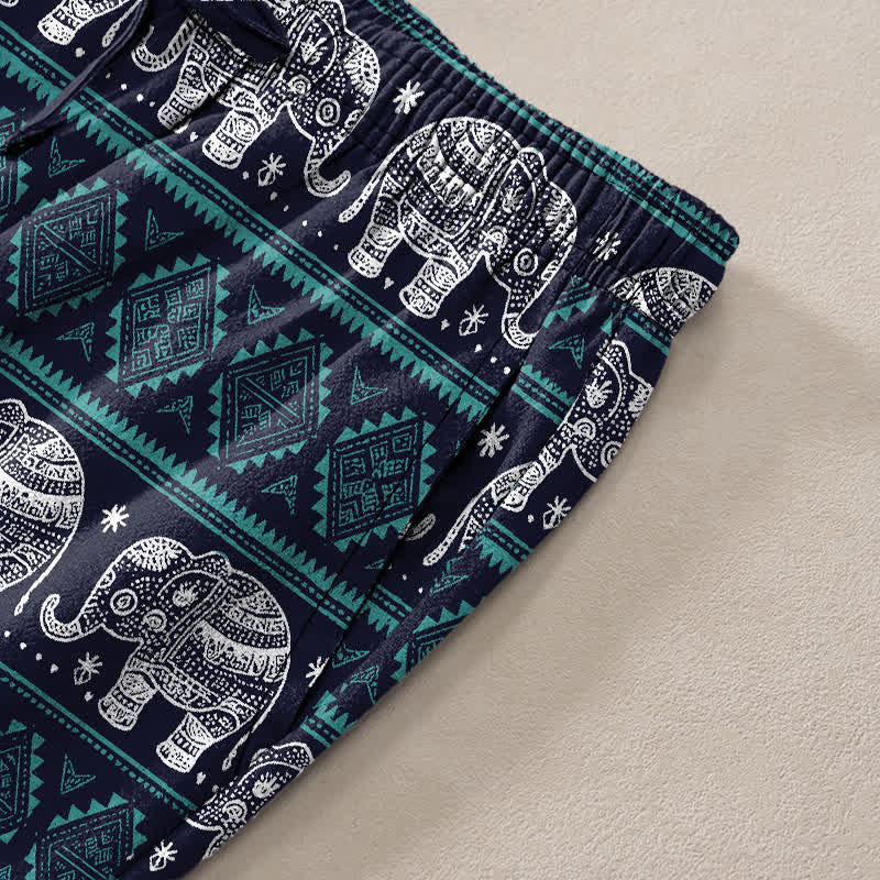 Buddha Stones Pantalon fuselé pour homme en coton à rayures géométriques et éléphants, avec poches - image 3