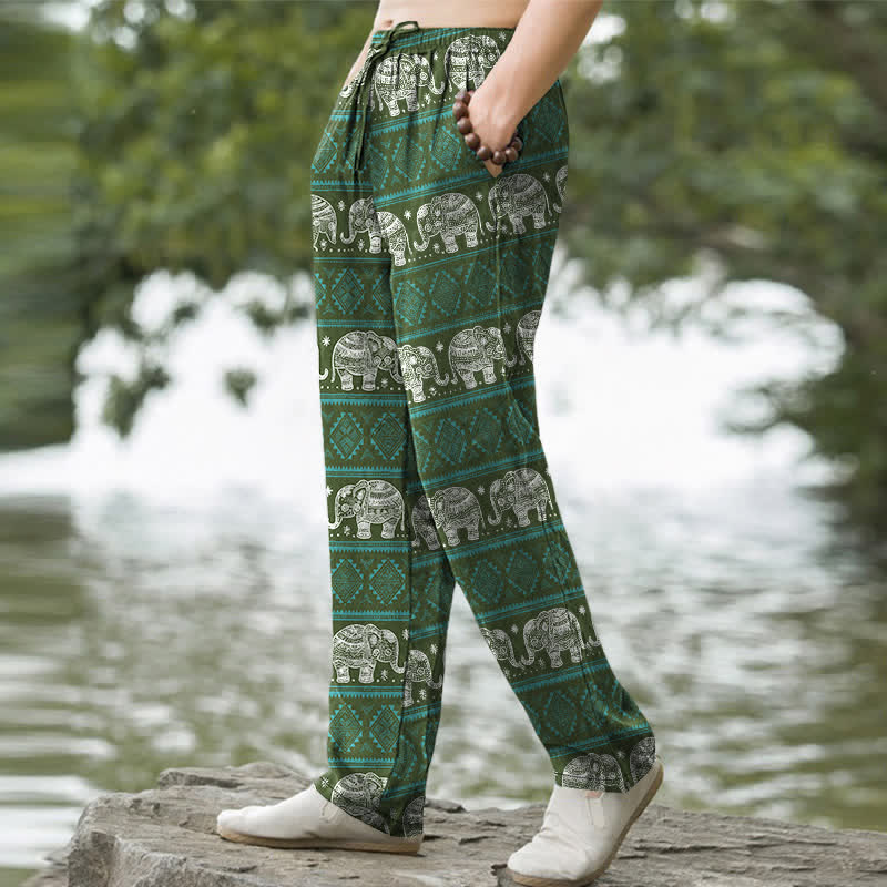 Buddha Stones Pantalon fuselé pour homme en coton à rayures géométriques et éléphants, avec poches - image 7