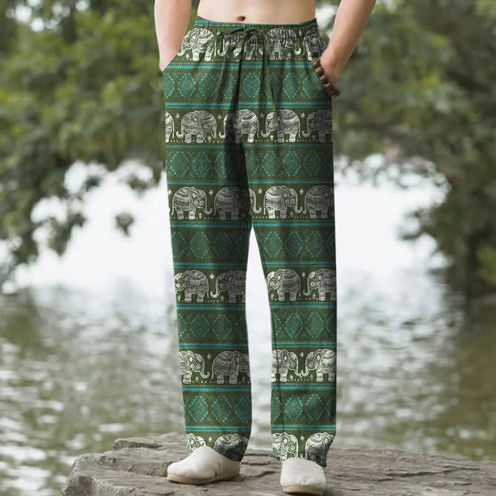 Buddha Stones Pantalon fuselé pour homme en coton à rayures géométriques et éléphants, avec poches - Vert forêt - US/UK/AU50，EU60 (5XL) - image 6