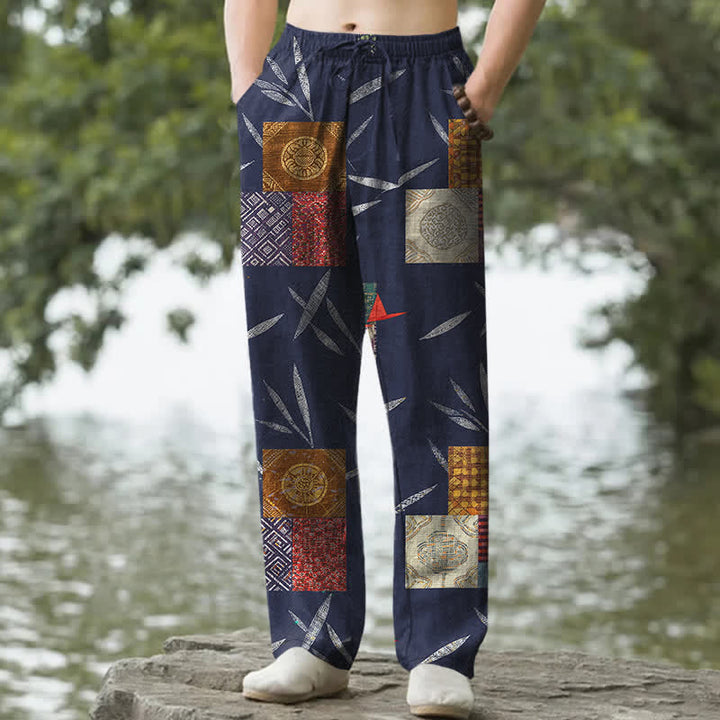 Buddha Stones Pantalon fuselé pour homme en coton patchwork à motif de feuilles bohème, avec poches - Marine - US/UK/AU50，EU60 (5XL) - image 0