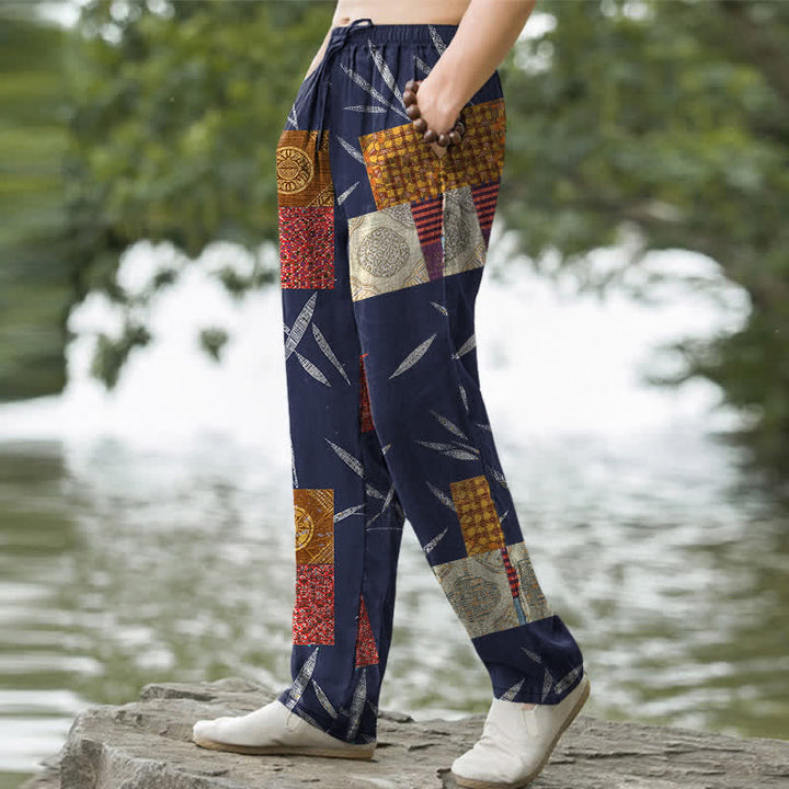 Buddha Stones Pantalon fuselé pour homme en coton patchwork à motif de feuilles bohème, avec poches - image 1
