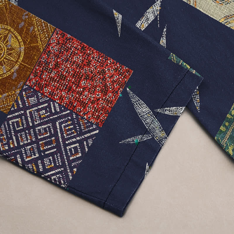 Buddha Stones Pantalon fuselé pour homme en coton patchwork à motif de feuilles bohème, avec poches - image 2