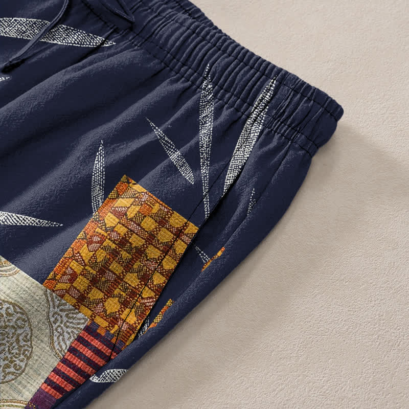 Buddha Stones Pantalon fuselé pour homme en coton patchwork à motif de feuilles bohème, avec poches - image 3