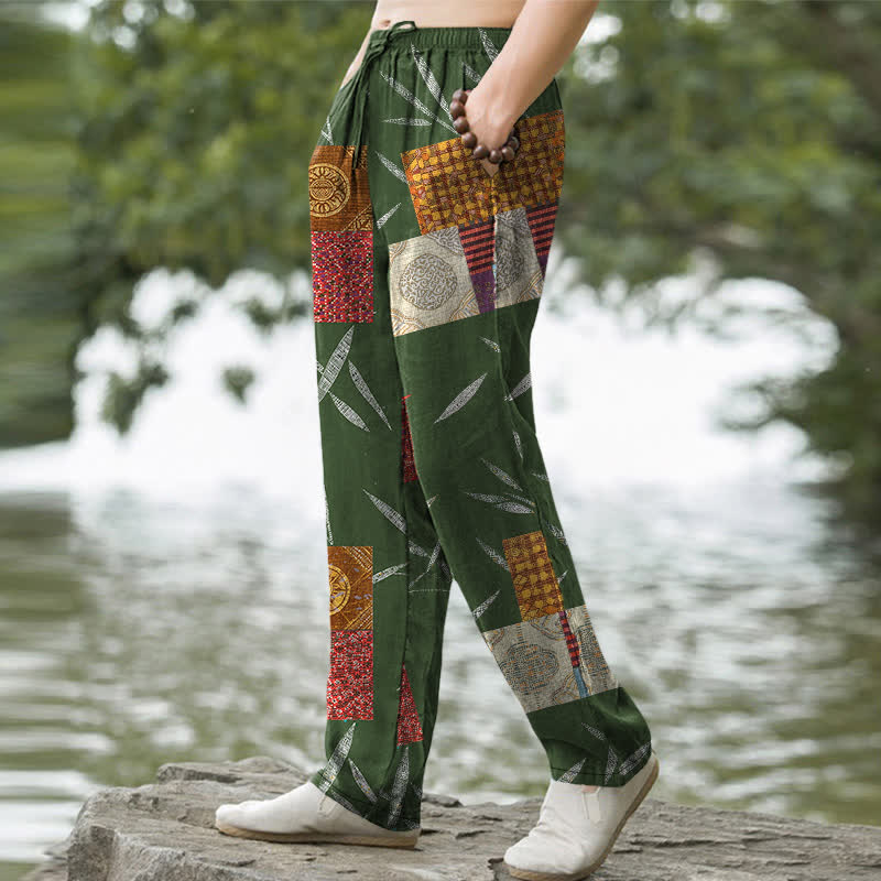 Buddha Stones Pantalon fuselé pour homme en coton patchwork à motif de feuilles bohème, avec poches - image 5