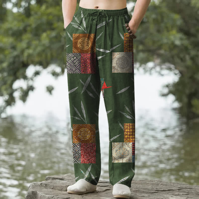 Buddha Stones Pantalon fuselé pour homme en coton patchwork à motif de feuilles bohème, avec poches - Vert forêt - US/UK/AU50，EU60 (5XL) - image 4