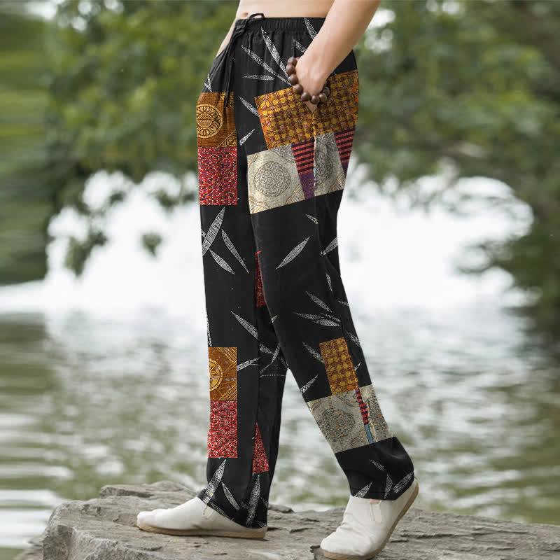 Buddha Stones Pantalon fuselé pour homme en coton patchwork à motif de feuilles bohème, avec poches - image 7