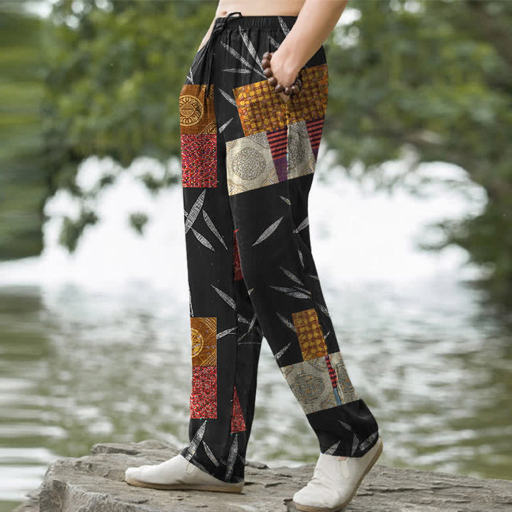 Buddha Stones Pantalon fuselé pour homme en coton patchwork à motif de feuilles bohème, avec poches - image 7