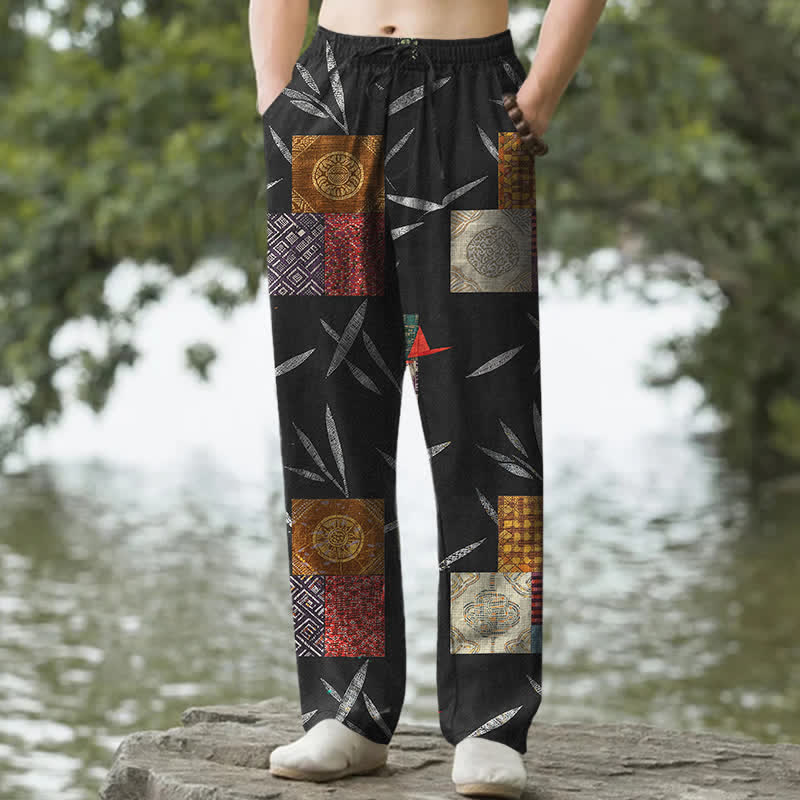 Buddha Stones Pantalon fuselé pour homme en coton patchwork à motif de feuilles bohème, avec poches - Noir - US/UK/AU50，EU60 (5XL) - image 6
