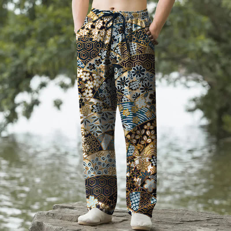 Buddha Stones Pantalon fuselé pour homme en coton à motif patchwork bohème, avec poches - Noir - US/UK/AU50，EU60 (5XL) - image 0