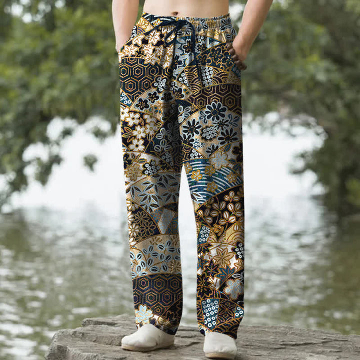 Buddha Stones Pantalon fuselé pour homme en coton à motif patchwork bohème, avec poches - Noir - US/UK/AU50，EU60 (5XL) - image 0