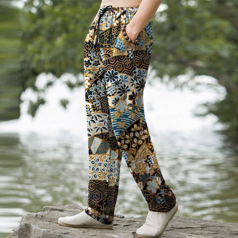 Buddha Stones Pantalon fuselé pour homme en coton à motif patchwork bohème, avec poches - image 1