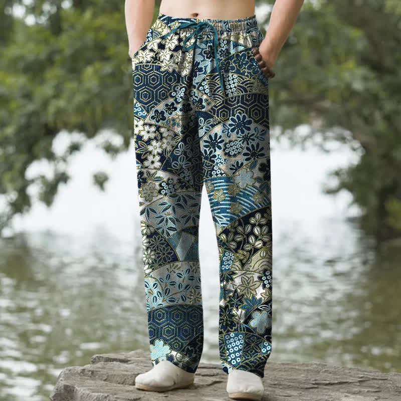 Buddha Stones Pantalon fuselé pour homme en coton à motif patchwork bohème, avec poches - Sarcelle - US/UK/AU50，EU60 (5XL) - image 4