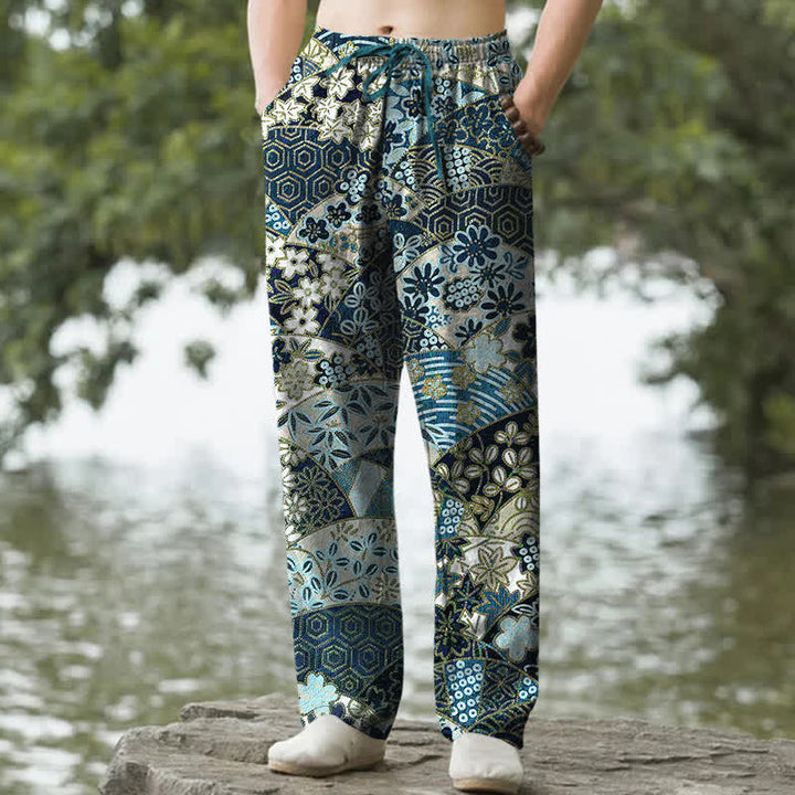 Buddha Stones Pantalon fuselé pour homme en coton à motif patchwork bohème, avec poches - Sarcelle - US/UK/AU50，EU60 (5XL) - image 4