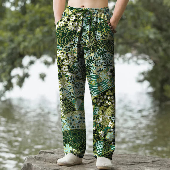 Buddha Stones Pantalon fuselé pour homme en coton à motif patchwork bohème, avec poches - Vert forêt - US/UK/AU50，EU60 (5XL) - image 6