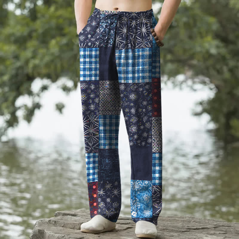 Buddha Stones Pantalon fuselé pour homme en patchwork de coton à motif floral et poches - Marine - US/UK/AU50，EU60 (5XL) - image 0