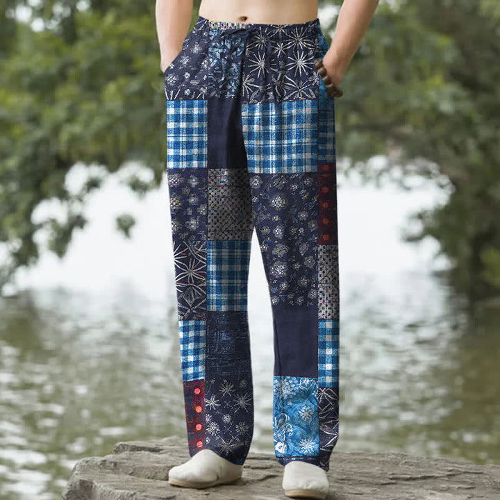 Buddha Stones Pantalon fuselé pour homme en patchwork de coton à motif floral et poches - Marine - US/UK/AU50，EU60 (5XL) - image 0