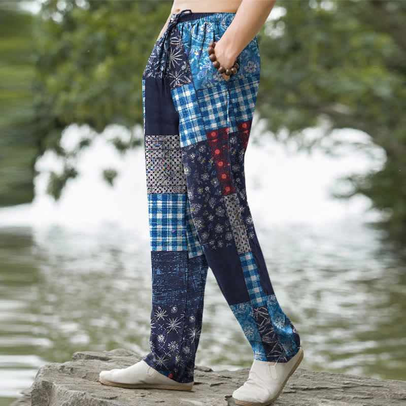 Buddha Stones Pantalon fuselé pour homme en patchwork de coton à motif floral et poches - image 1