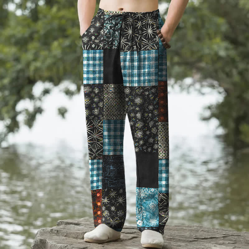 Buddha Stones Pantalon fuselé pour homme en patchwork de coton à motif floral et poches - Noir - US/UK/AU50，EU60 (5XL) - image 4