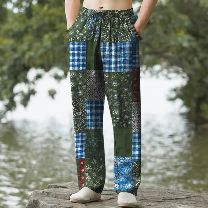 Buddha Stones Pantalon fuselé pour homme en patchwork de coton à motif floral et poches - Vert forêt - US/UK/AU50，EU60 (5XL) - image 6