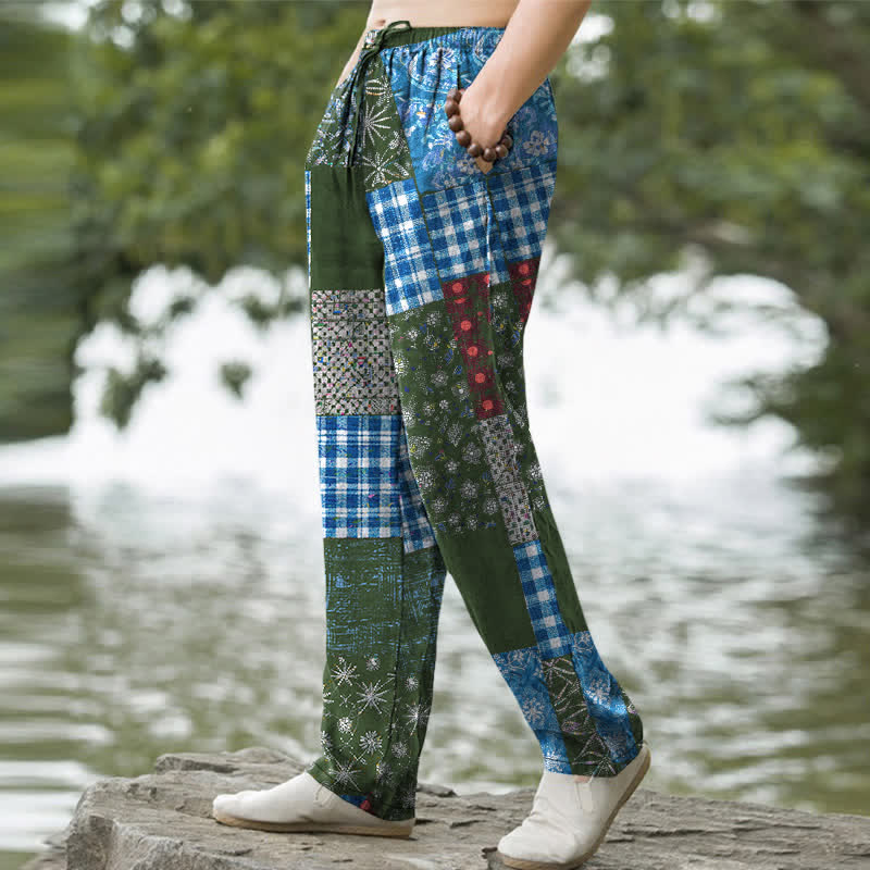 Buddha Stones Pantalon fuselé pour homme en patchwork de coton à motif floral et poches - image 7