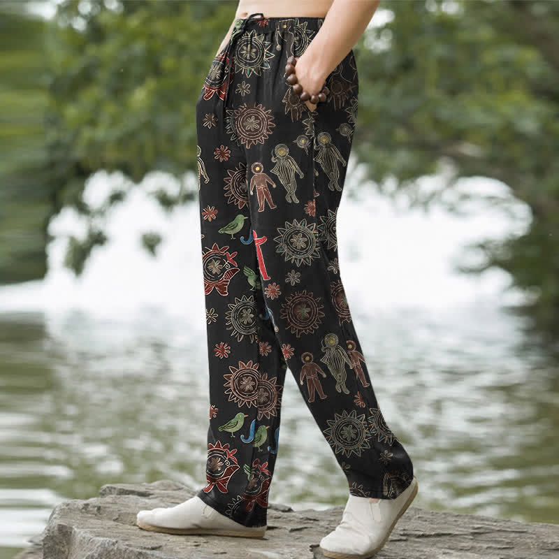 Buddha Stones Pantalon fuselé pour homme en coton à motif bohème soleil, avec poches - image 1